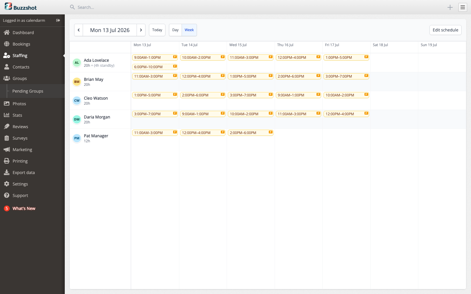 The staffing calendar in week view, with staff down the side and time across the top