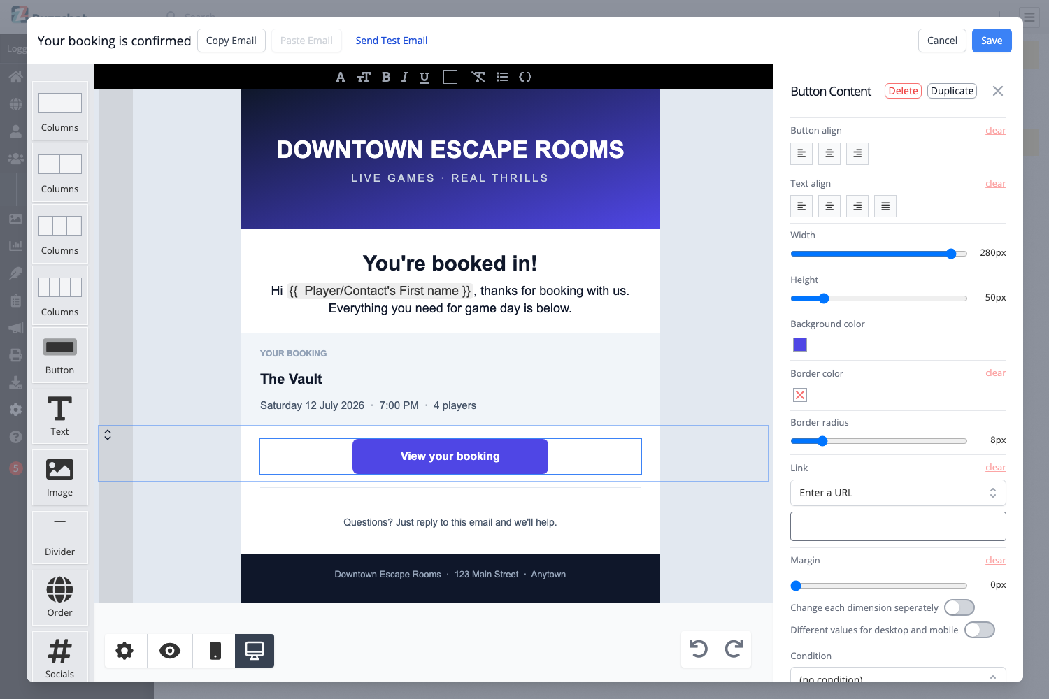 The settings panel for a Button block