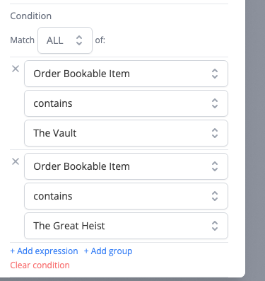 A block Condition with Match ALL of two expressions, each testing Order Bookable Item contains a different room