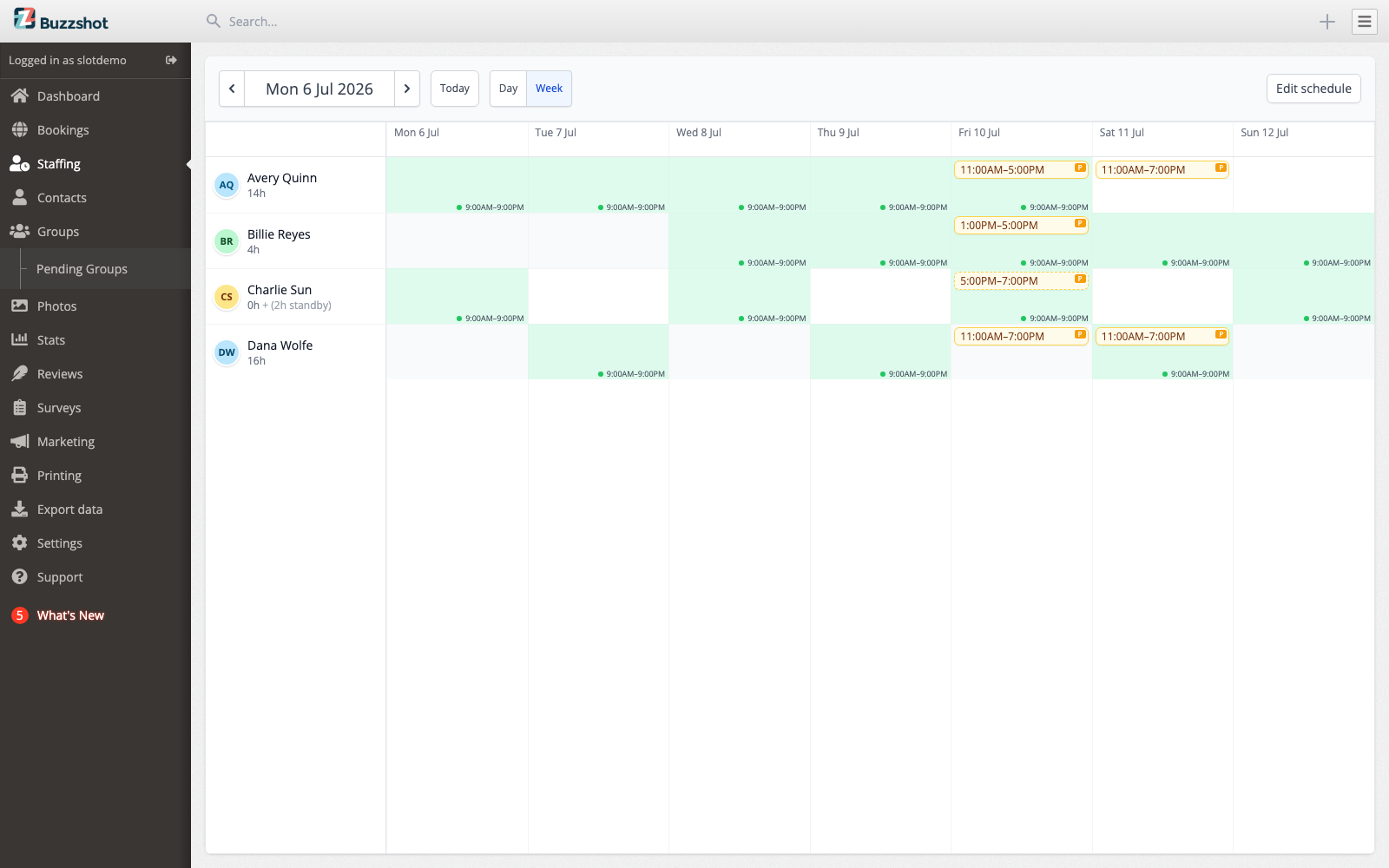 The staffing calendar showing a week of shifts