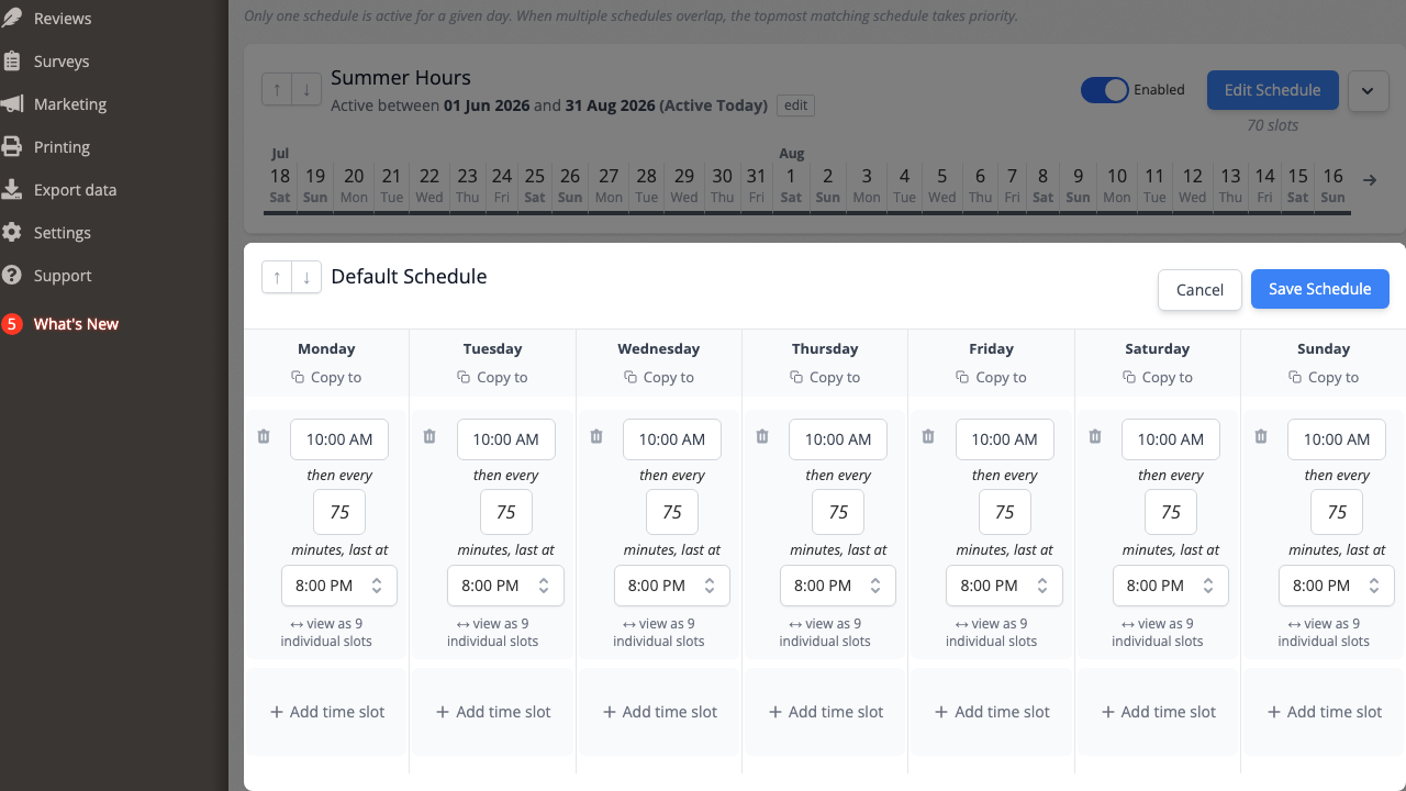 The schedule editor expanded to show the weekly time slot grid