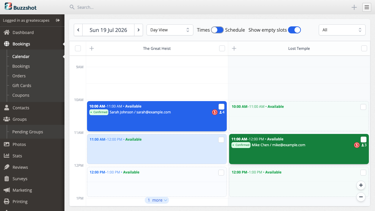 The Bookings Calendar showing your bookings across all rooms