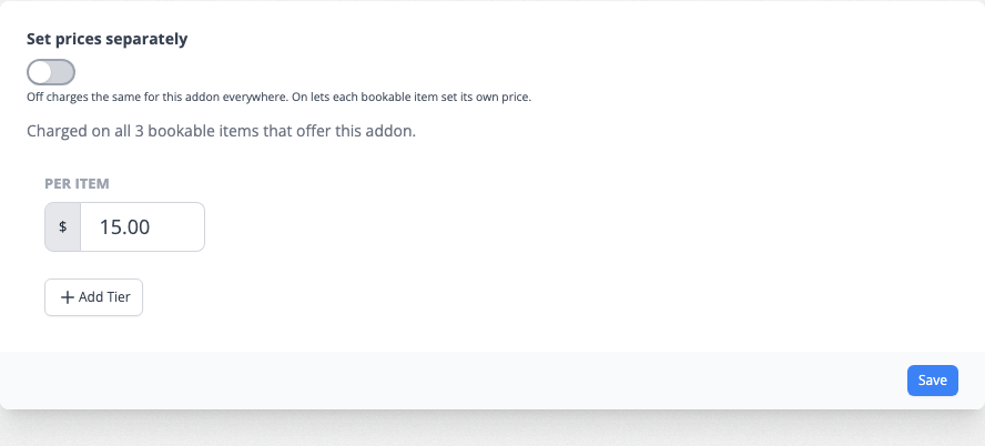 The Prices tab with Set prices separately switched off, showing one price field