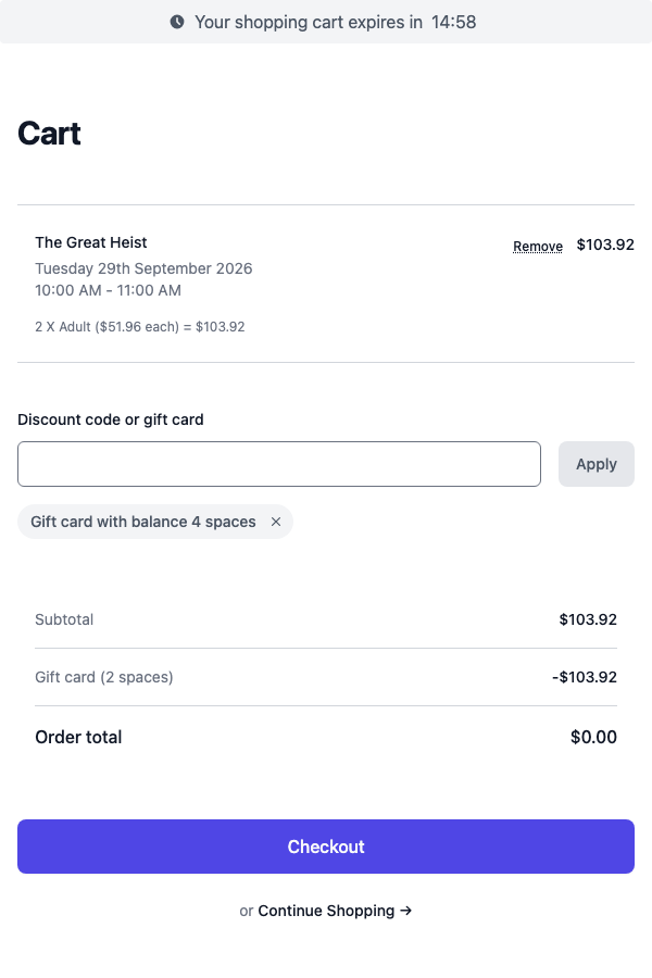 Cart with a spaces gift card paying for two tickets