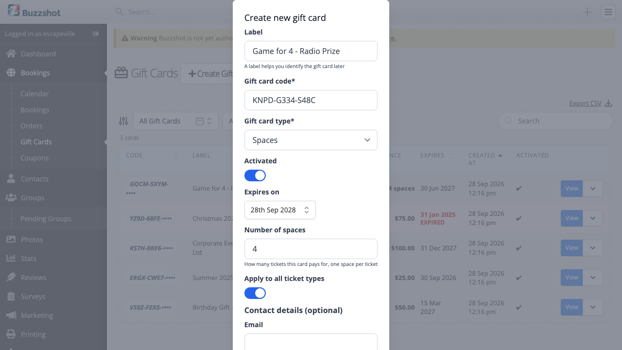 Create gift card modal with the Spaces type chosen