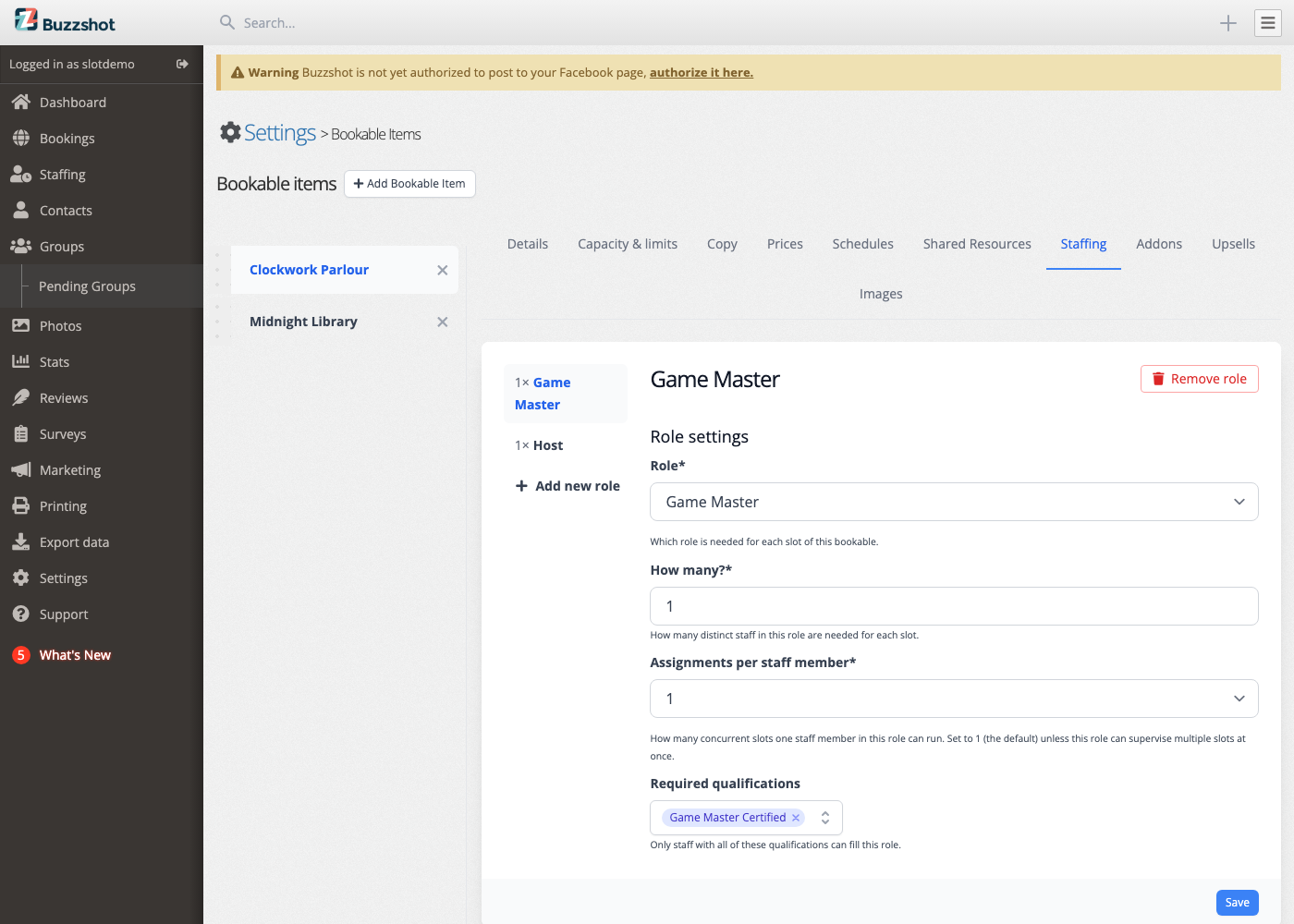 The Staffing tab on a bookable, showing the roles a booking needs and how many of each