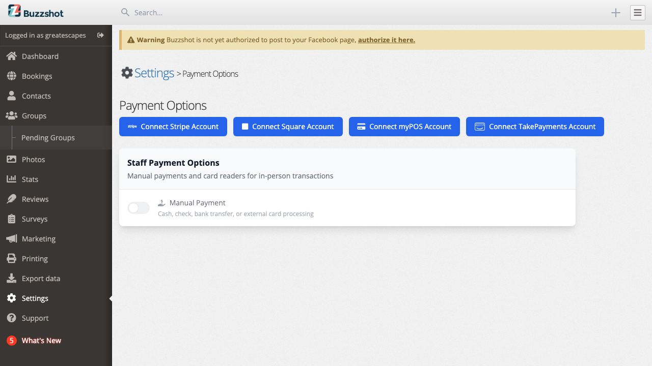 The Payment Options settings page with Stripe connected