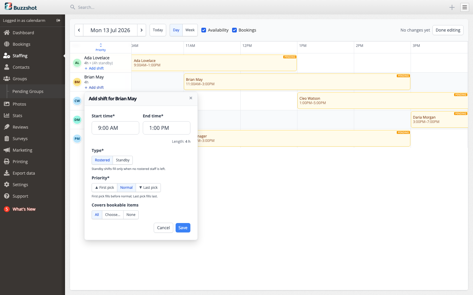 The Add shift panel with start time, end time, day, length and covers