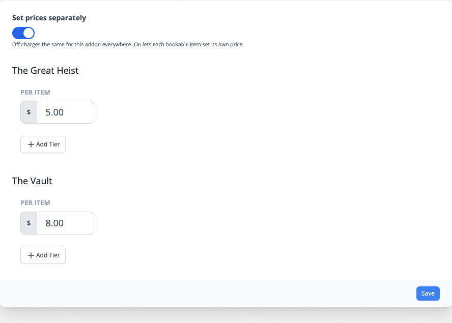 The Prices tab with Set prices separately switched on, showing a price for each bookable item
