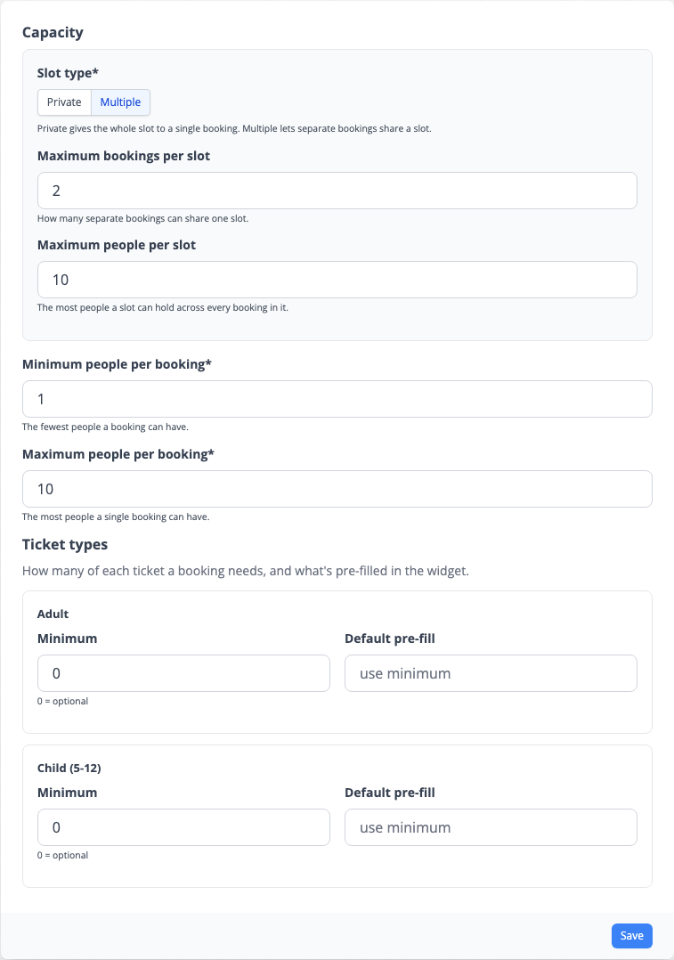 The Capacity & Limits tab set to Multiple, showing Maximum bookings per slot and Maximum people per slot