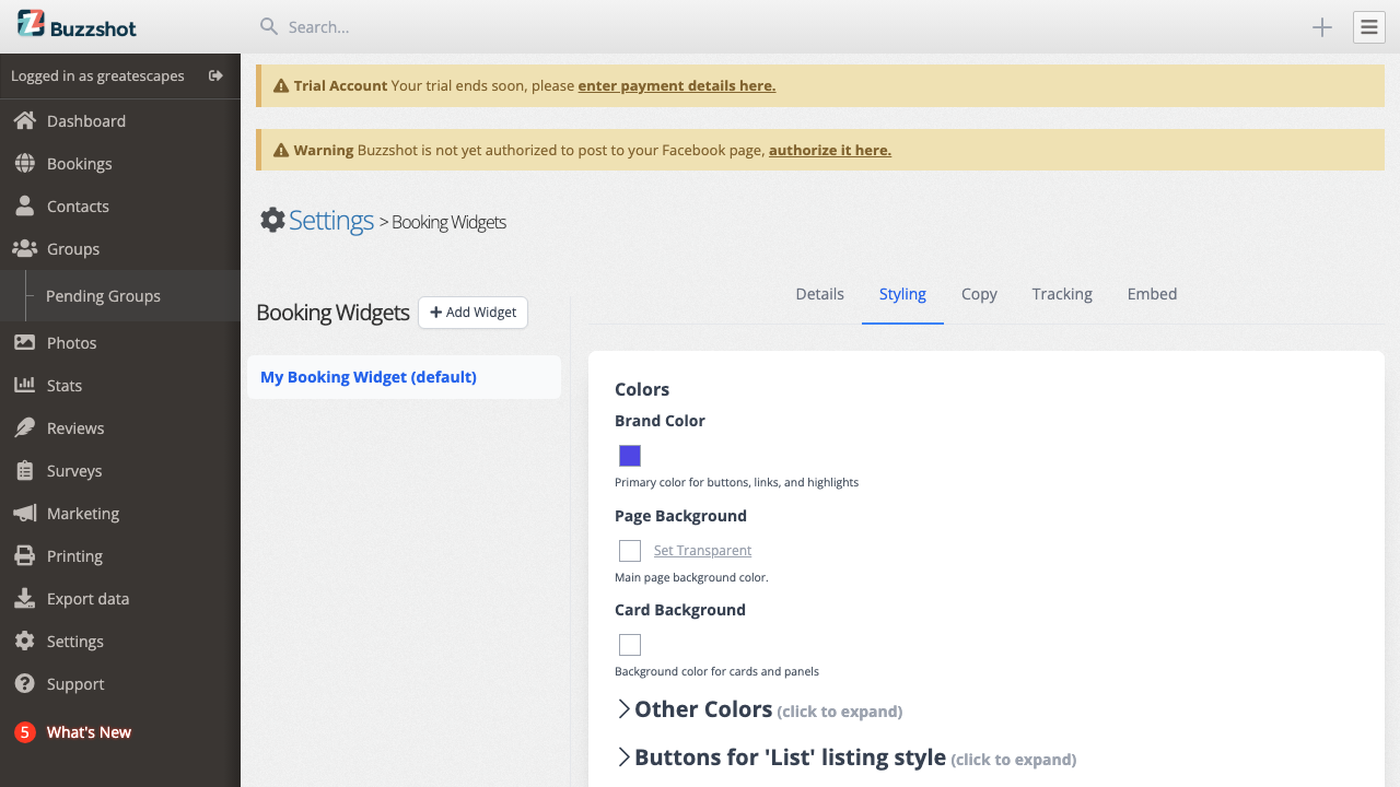The widget Styling tab for customising your brand colours