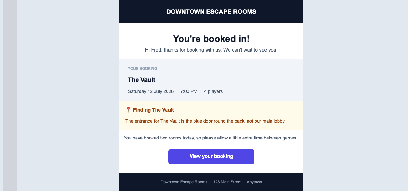 A branded order confirmation email with a highlighted arrival note for one room