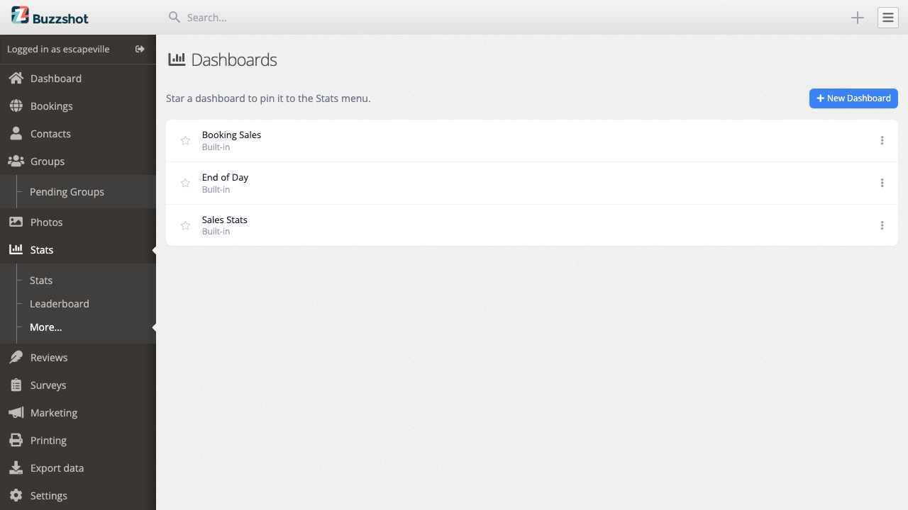The dashboards list