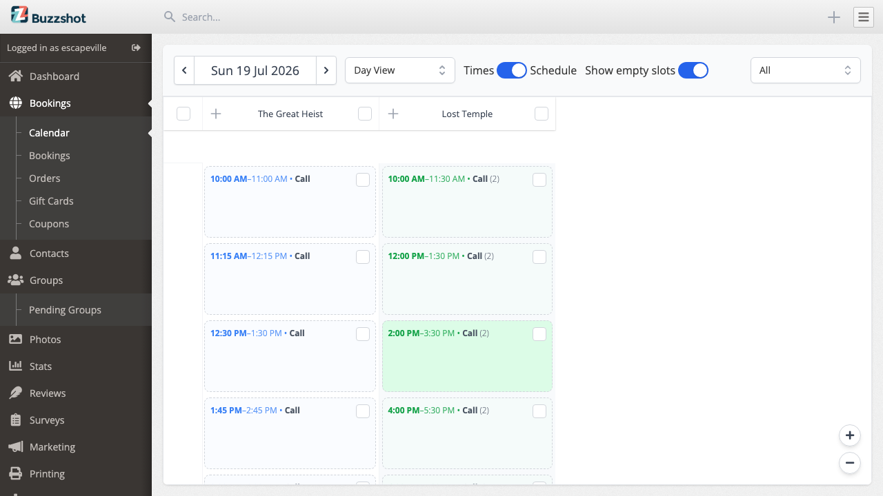 The calendar day view showing time slots for each room