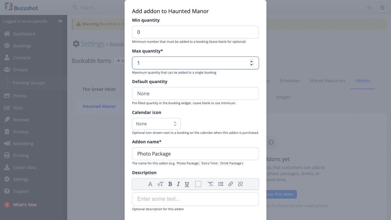 Create add-on modal