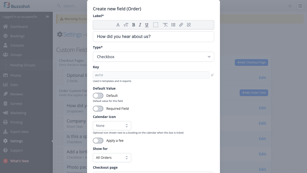 The dialog for creating a new order custom field