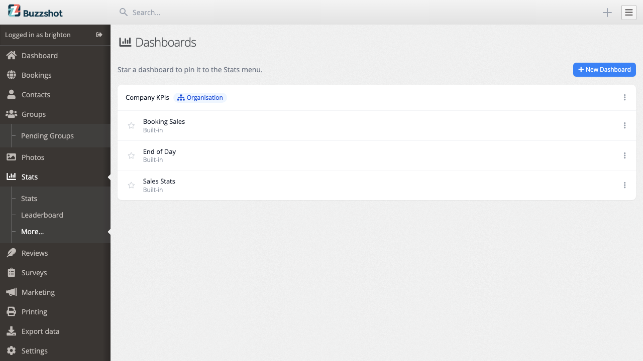 A member account's dashboards list, showing a dashboard shared from the organisation