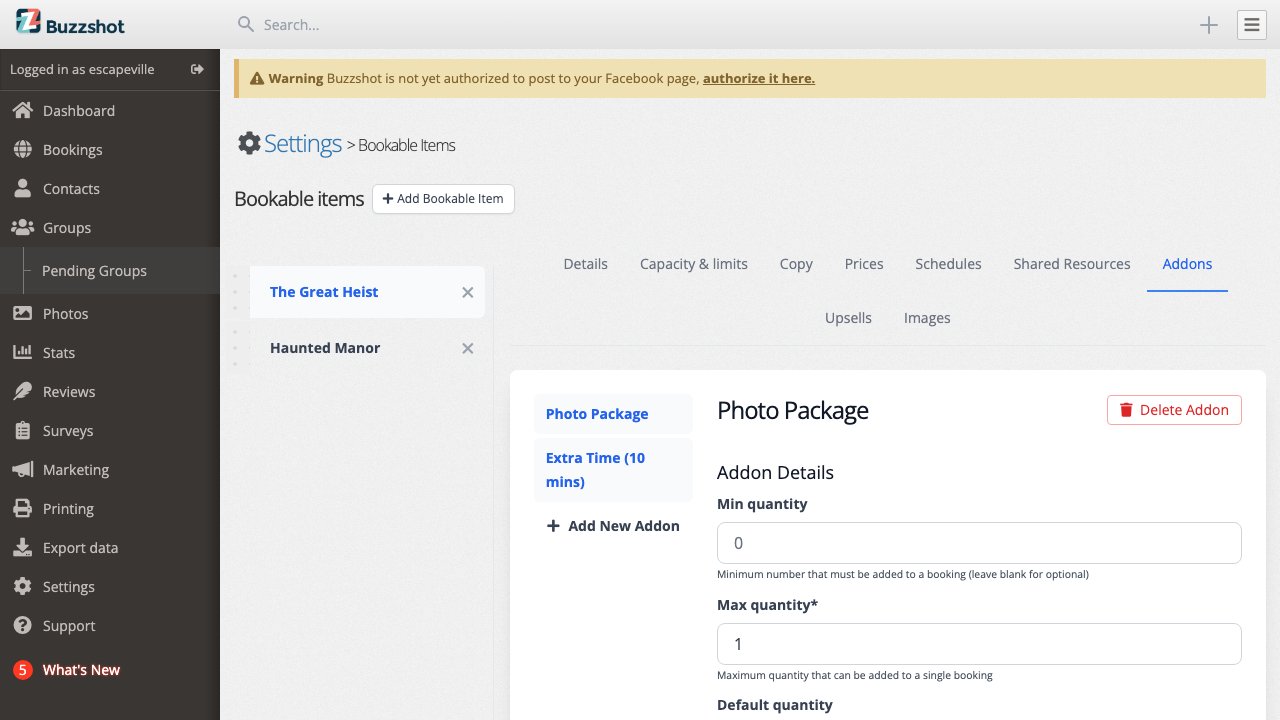 Add-ons tab showing a configured add-on