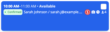A booking on the calendar showing the camera and clock icons for the add-ons that were bought