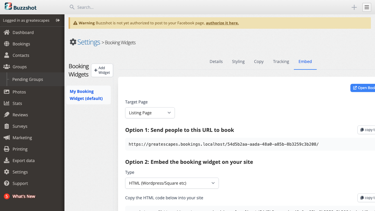 The Embed tab showing embed code and options