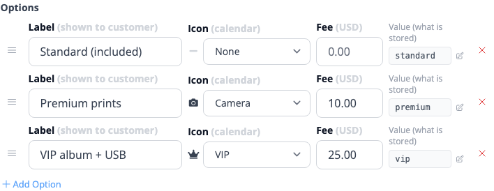 The options list for a dropdown field, with a calendar icon and fee set per option