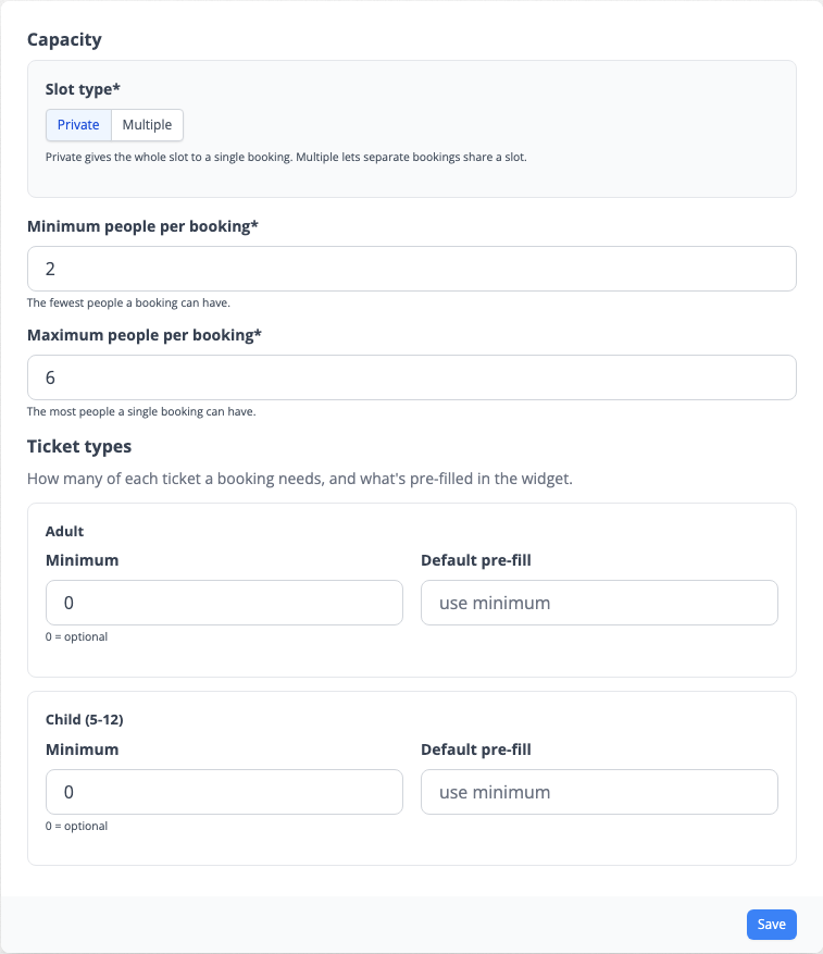 The Capacity & Limits tab set to Private -- one booking takes the whole slot