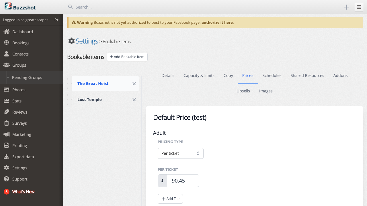The Prices tab showing ticket type pricing
