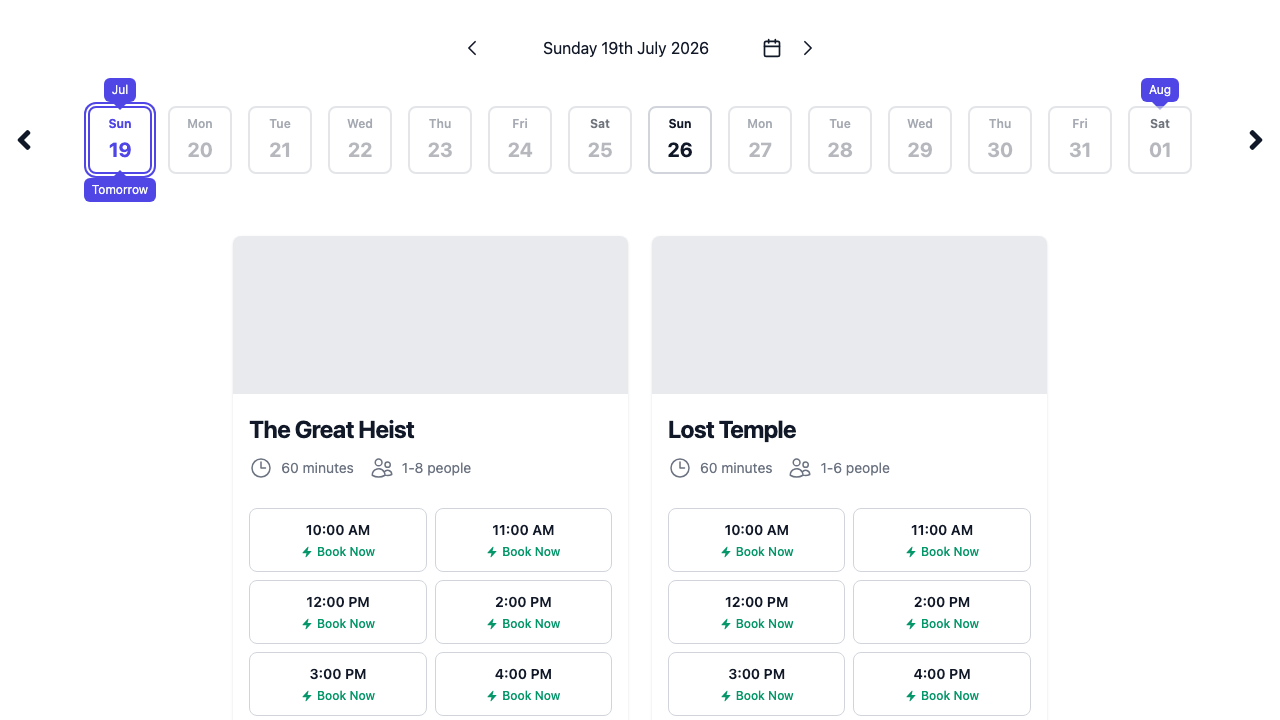 The customer-facing booking widget showing your rooms in cards view