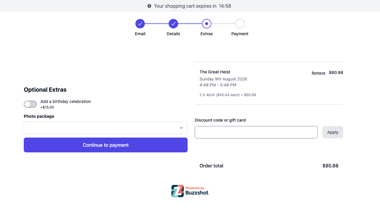 A checkout page in the booking widget shown as its own step, asking paid extras