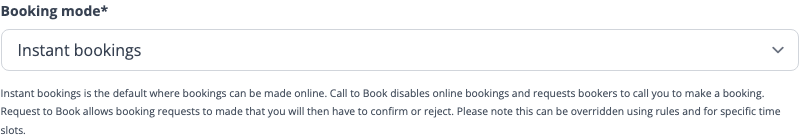 Booking mode options: Instant bookings, Call to Book, or Request to Book