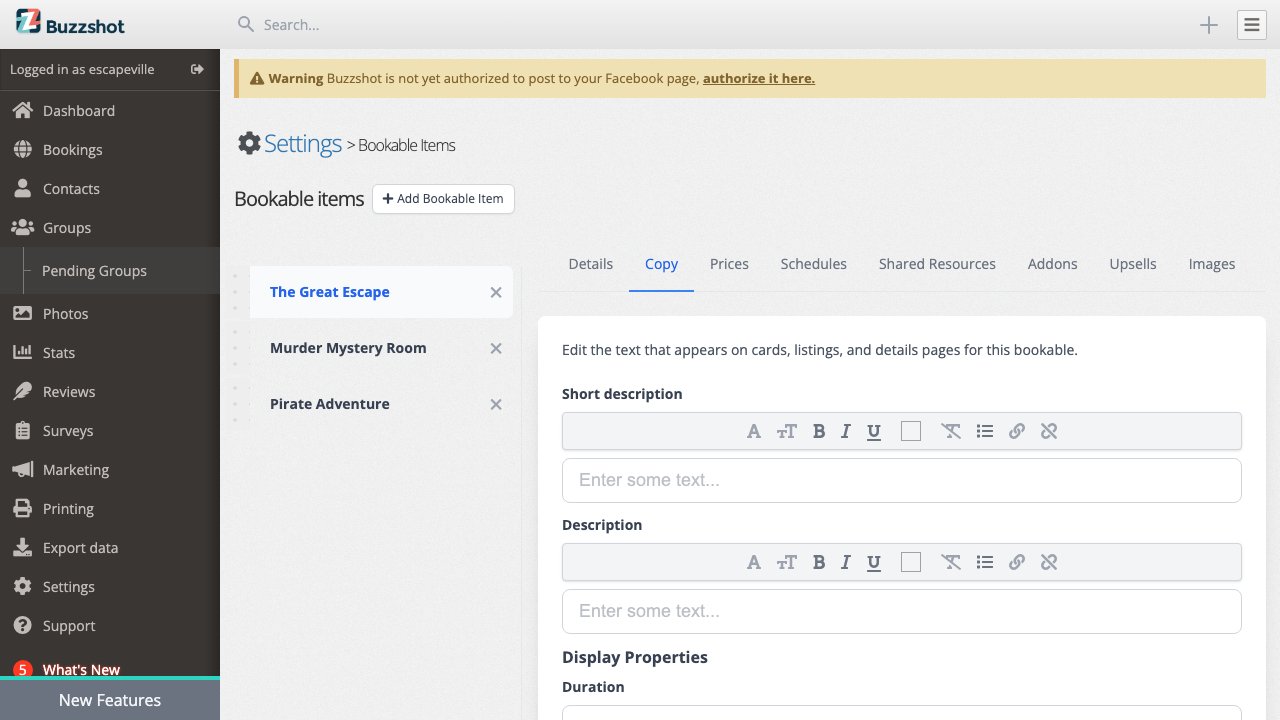 The Copy tab showing descriptions and display properties