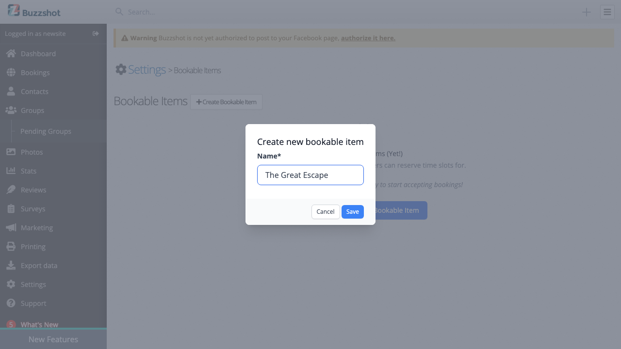 The dialog for creating a new bookable item