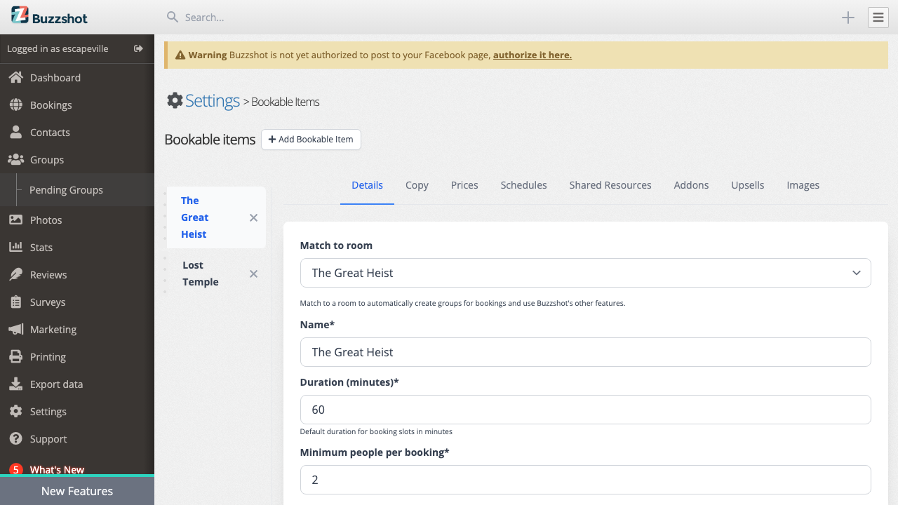 The scheduling-related settings on the bookable Details tab