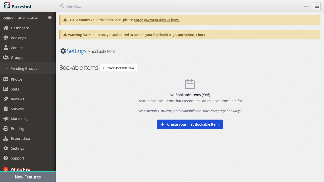 The empty state page when no bookable items have been created yet