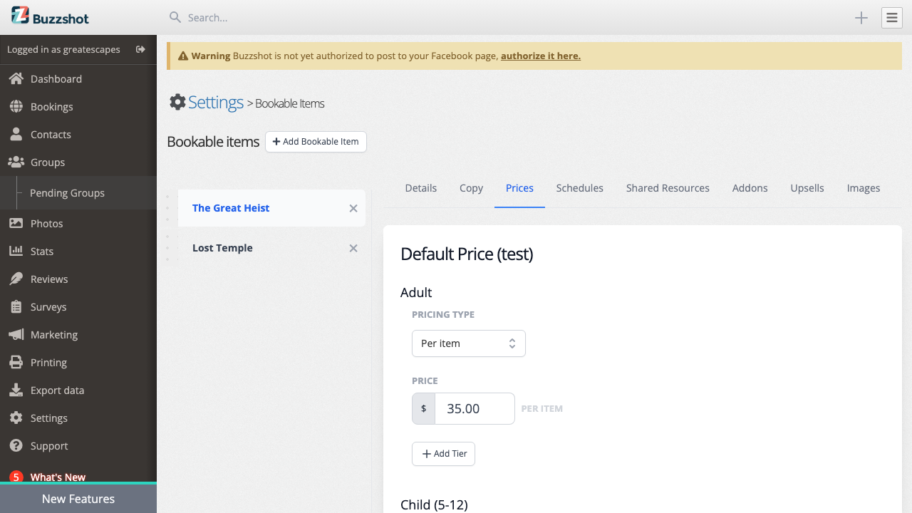 The Prices tab showing ticket type pricing
