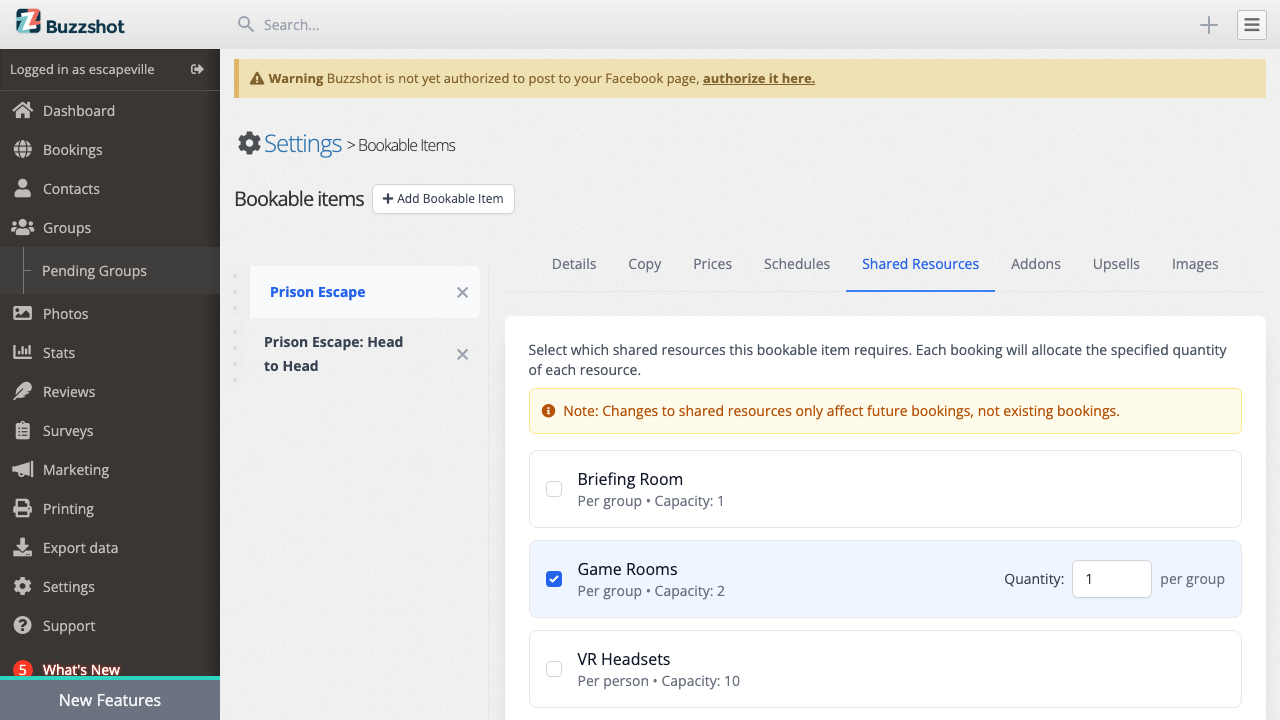 A bookable item with a shared resource assigned and quantity set