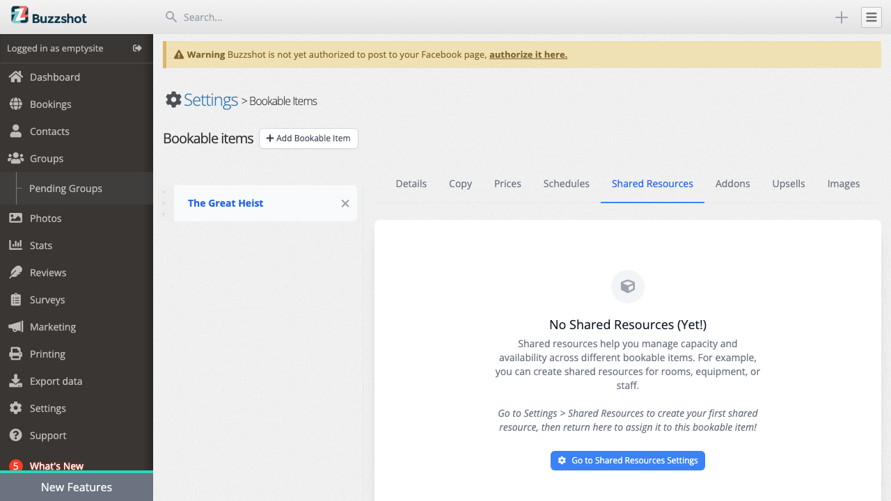 The Shared Resources tab on a bookable item before assigning any resources