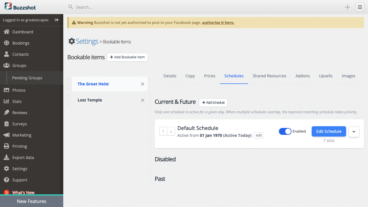 The Schedules tab showing your booking schedule