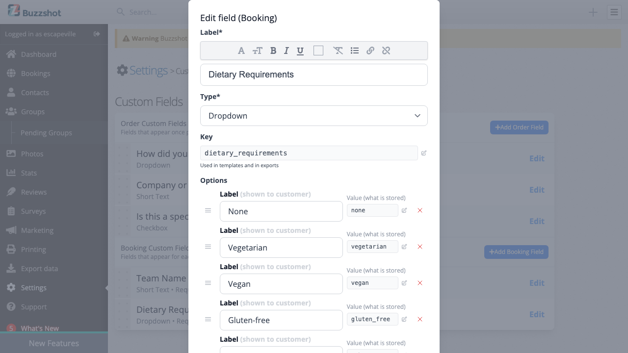 The bookable items filter for controlling which rooms show this field