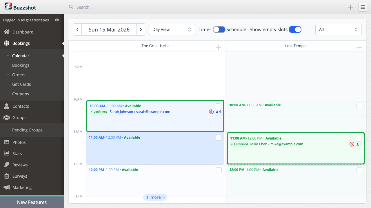 The Bookings Calendar showing your bookings across all rooms