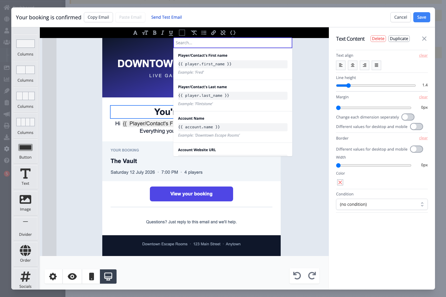 The variables picker open, listing details you can insert