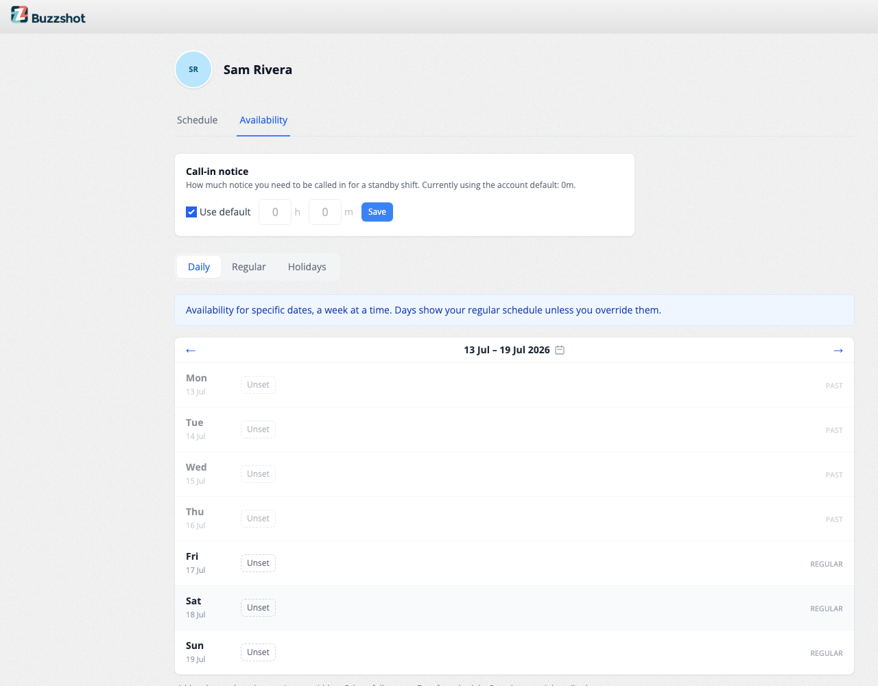 Your availability page, where you set the days and times you can work