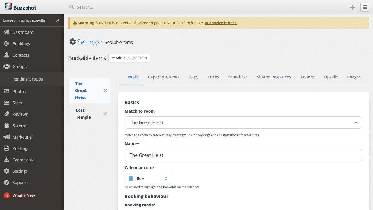The scheduling-related settings on the bookable Details tab