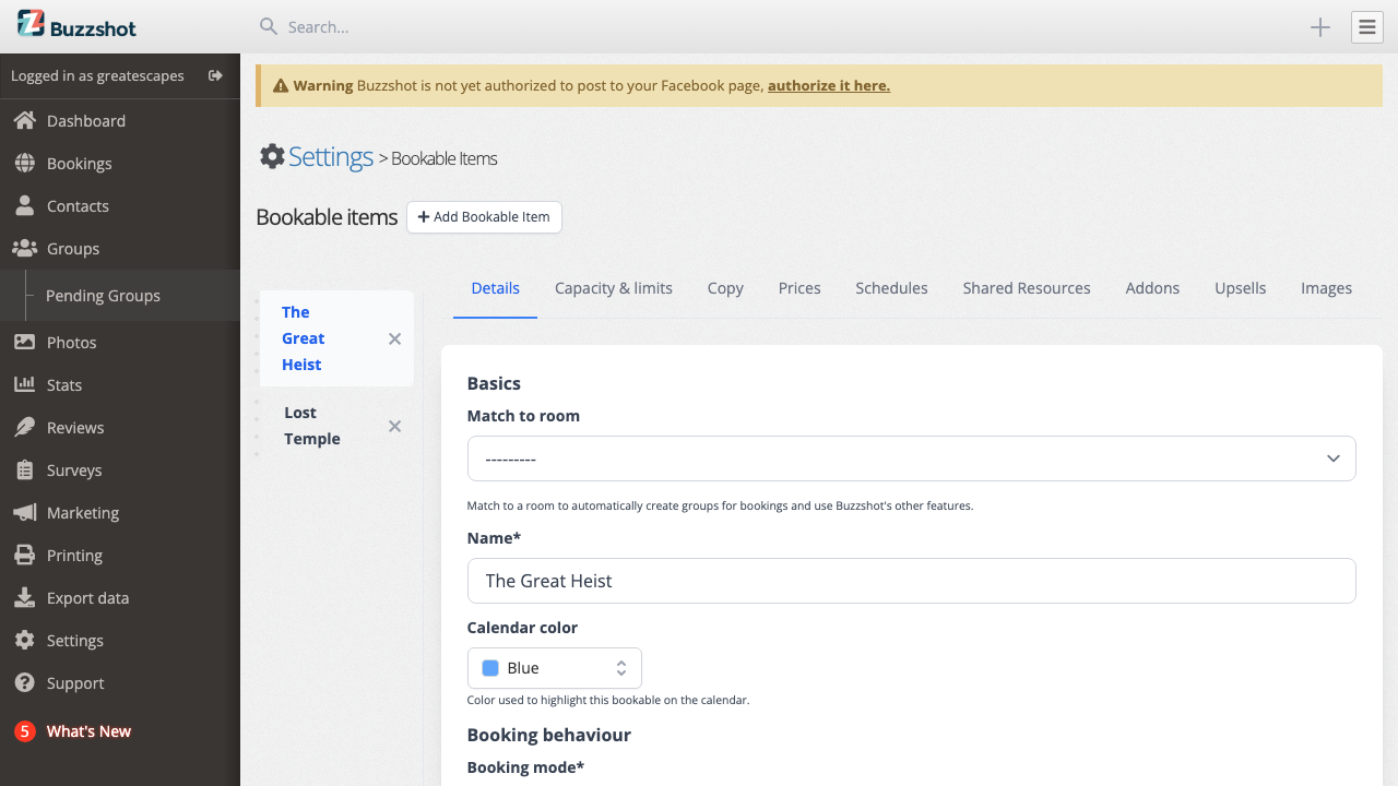 The bookable item Details tab with all configuration options