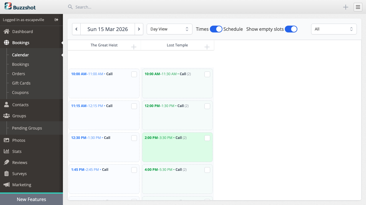 The calendar day view showing time slots for each room