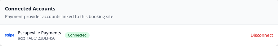 Connected accounts showing Stripe with a green Connected badge