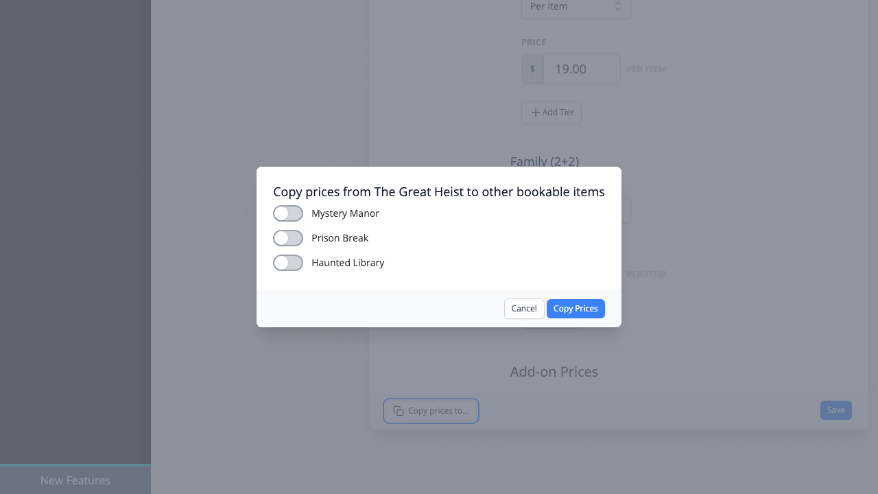 The Copy Prices dialog for copying pricing to other bookable items