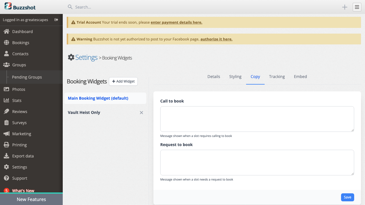 The Copy tab for customising booking mode messages