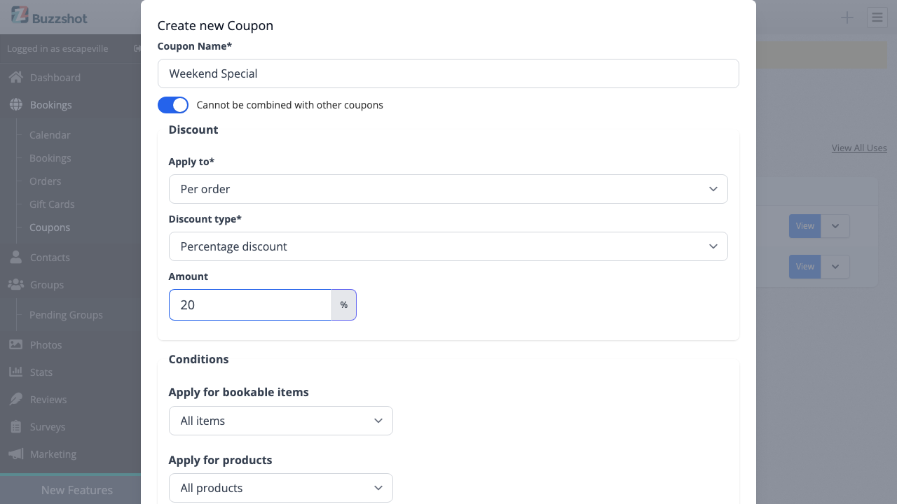Create coupon modal