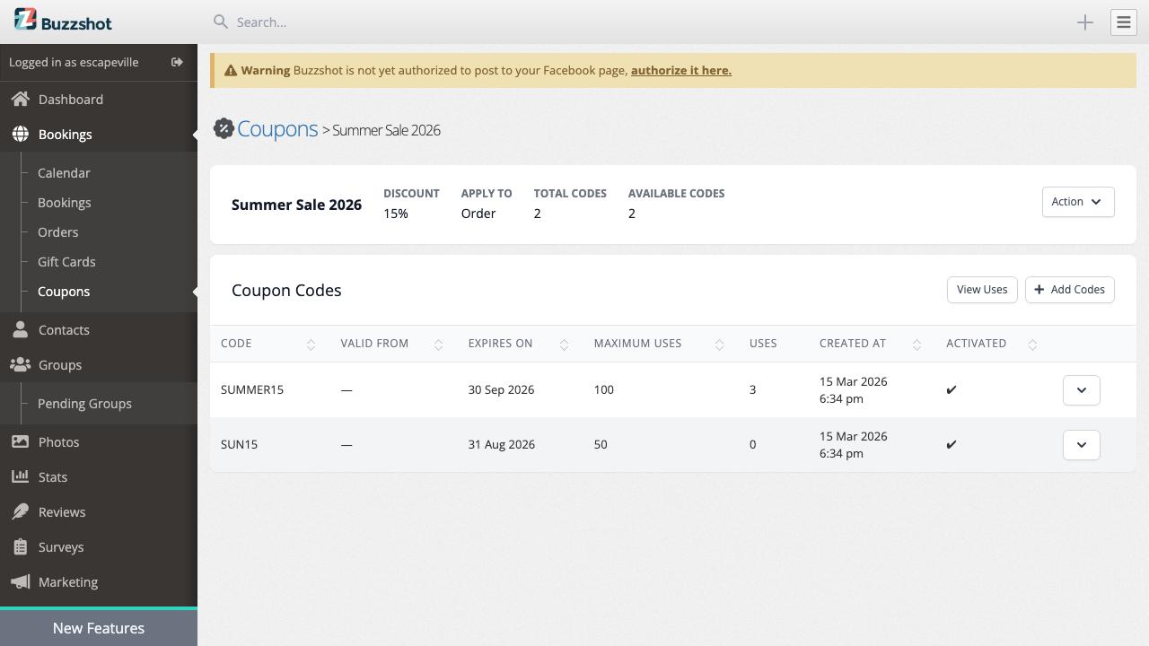 Coupon details page showing codes table